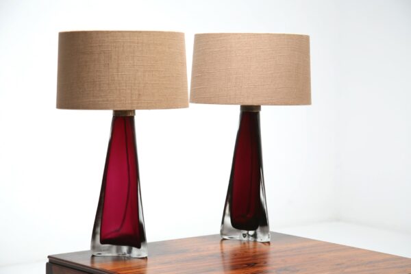 Vintage Pair of hand-blown red glass table lamps by Carl Fagerlund for Orrefors 5