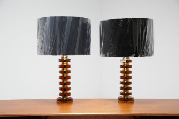 Vintage Pair of Amber Glass and Brass Table Lamps by MAE Lighting 1