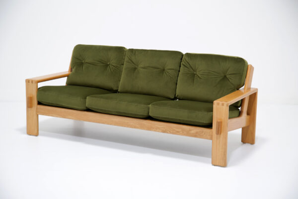 Vintage Green Velvet and Oak Framed Three-Seat Sofa "Bonanza" by Esko Pajamies for Asko Oy 1