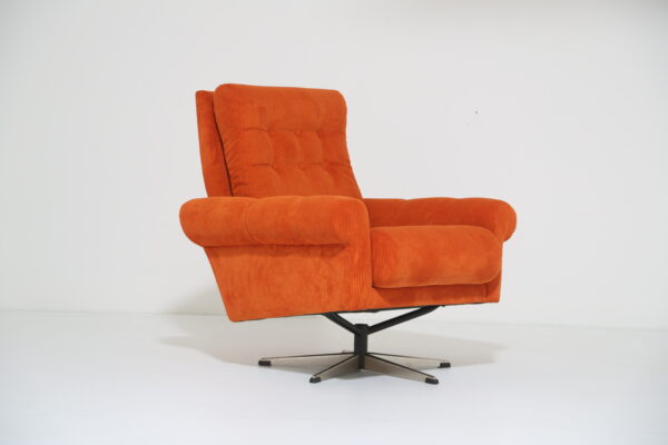 Vintage Danish Orange Corduroy Velvet Swivel Lounge Chair, 1970s.
