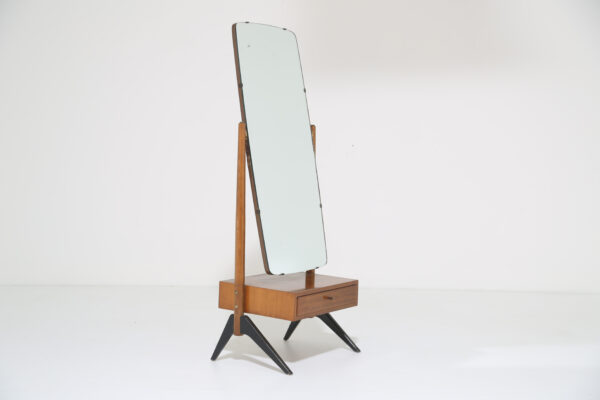Vintage Freestanding Teak Cheval Mirror With Drawer, 1950s.
