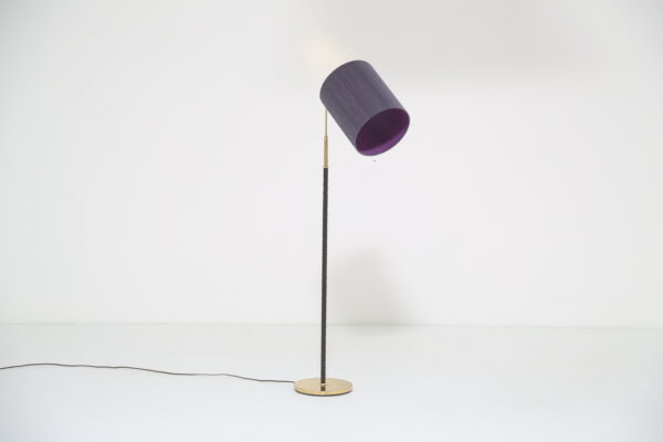 Vintage Brass and Black Leather Adjustable Gooseneck Floor Lamp, MAE, 1960s.