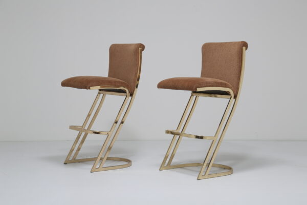 Pair of Brown Upholstery and Brass Bar/Kitchen Stools by Design Institute of America, 1960s.