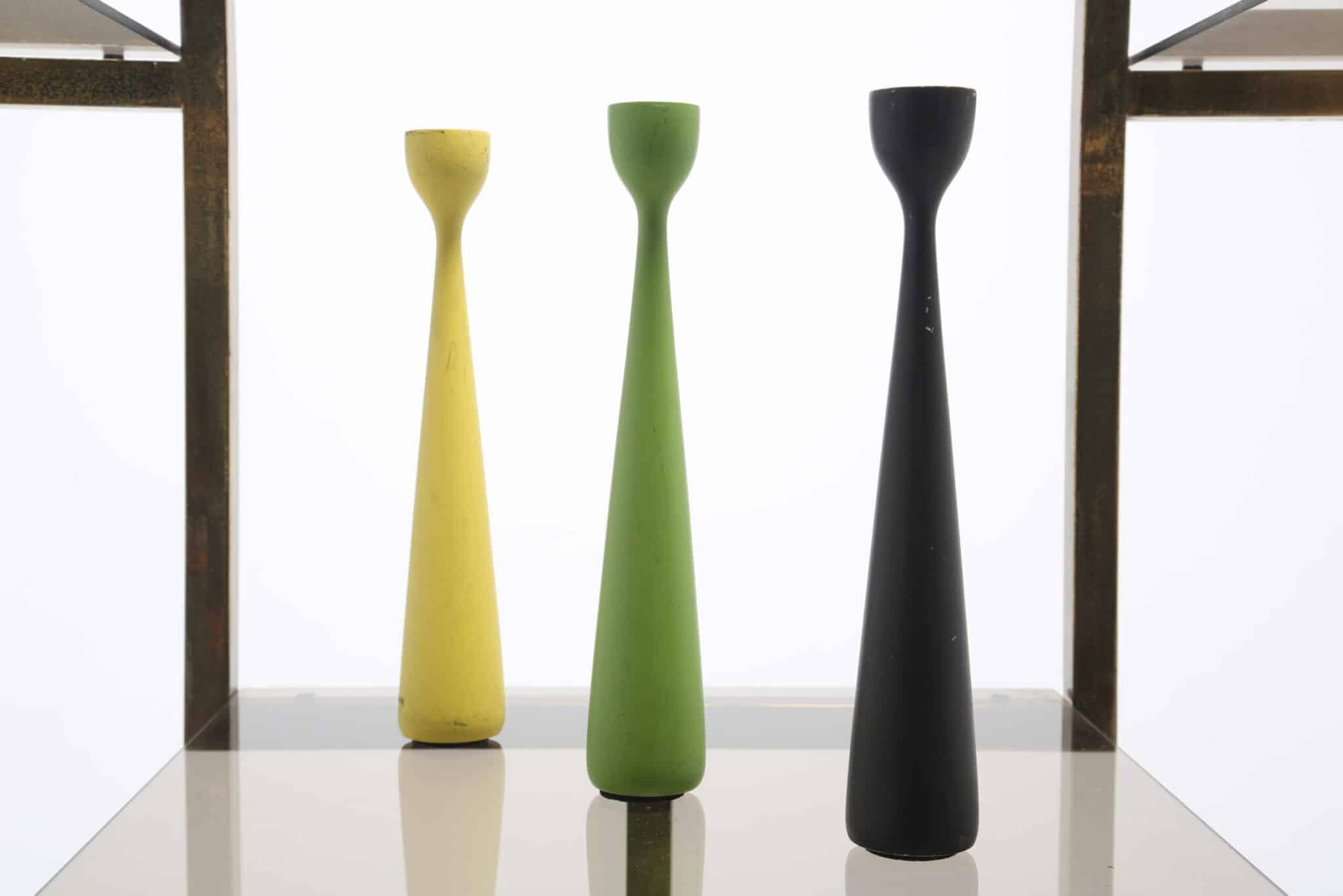 Vintage Set of Three "Krona" Colorful Wooden Candleholders by Bengt Utterberg 1