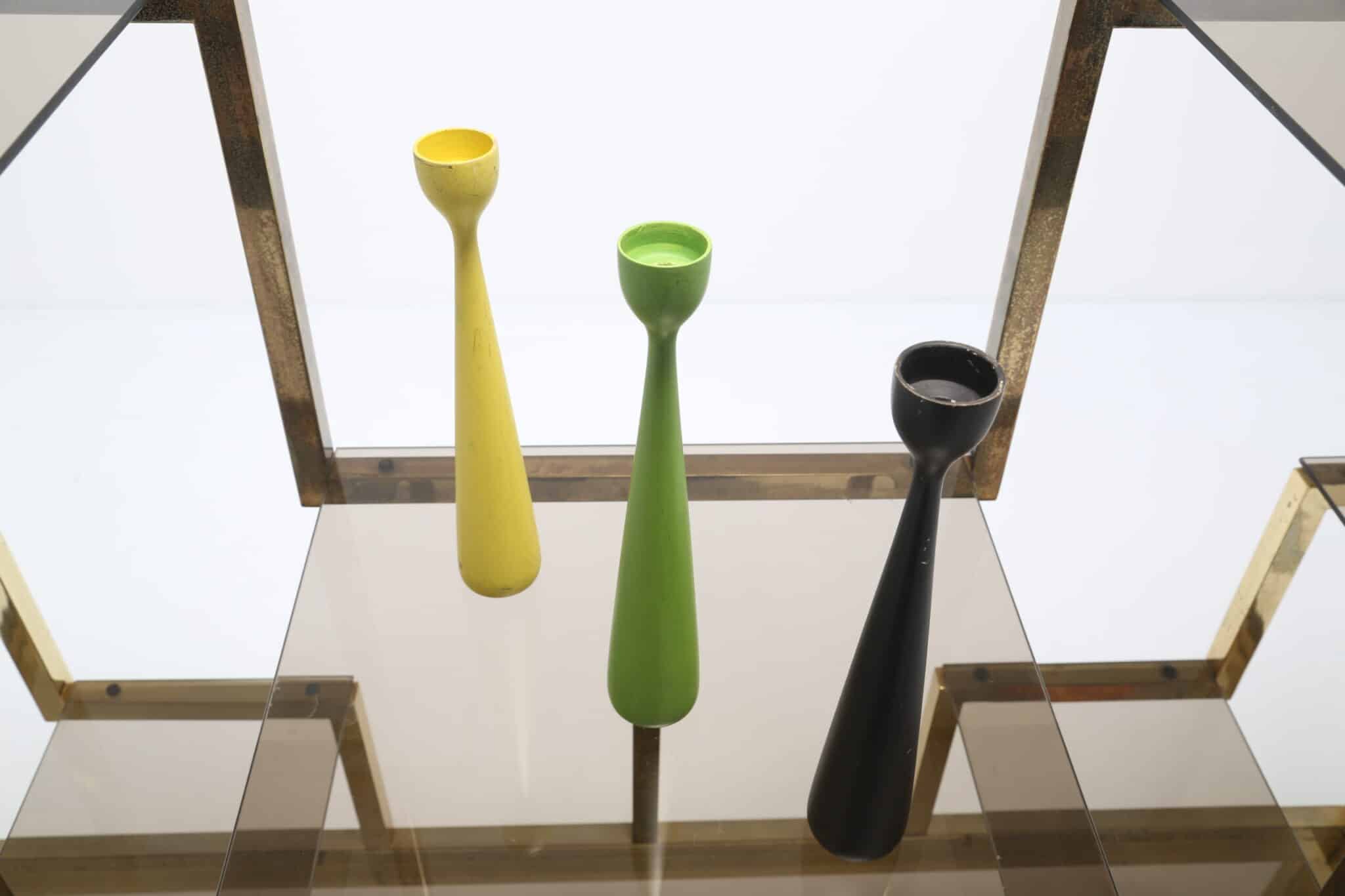 Vintage Set of Three "Krona" Colorful Wooden Candleholders by Bengt Utterberg 1