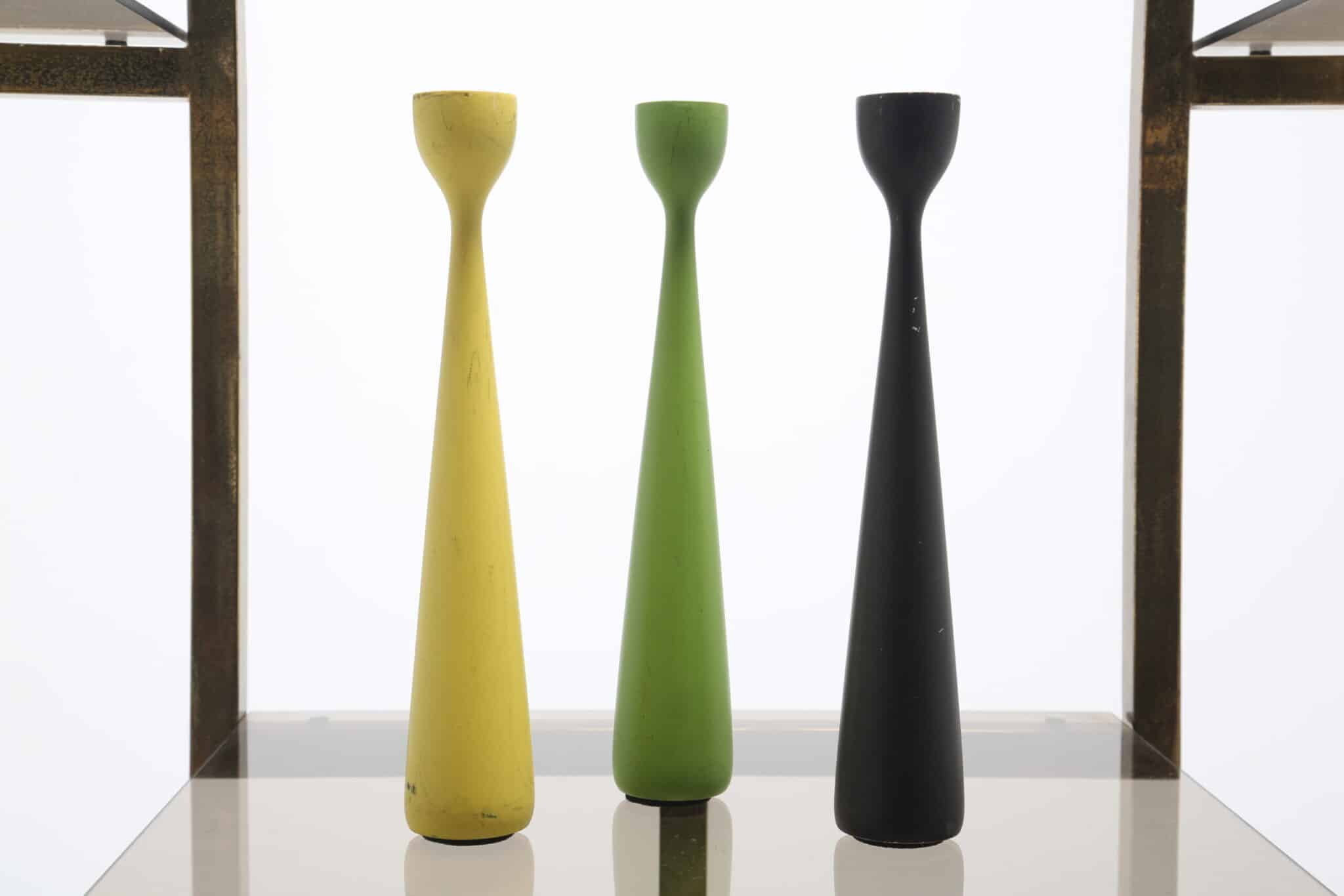 Vintage Set of Three "Krona" Colorful Wooden Candleholders by Bengt Utterberg 3