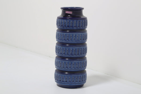 Mid Century Modern Scheurich Cobalt Blue Geometric Relief Floor Vase, West Germany, 40cm