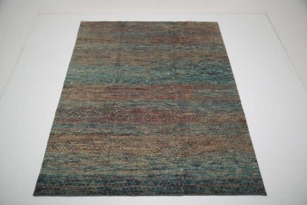Contemporary Hand-Loomed Teal and Terracotta Wool Area Rug 8'1" x 10'4", India.