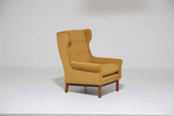 Vintage Danish Mustard-Gold Corduroy Wingback Lounge Chair, 1960s.