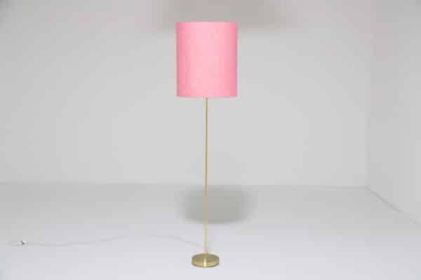 Vintage Swedish Brass Floor Lamp Model G-9 With Pink Shade by EWÅ Värnamo Armaturfabrik, 1960s.