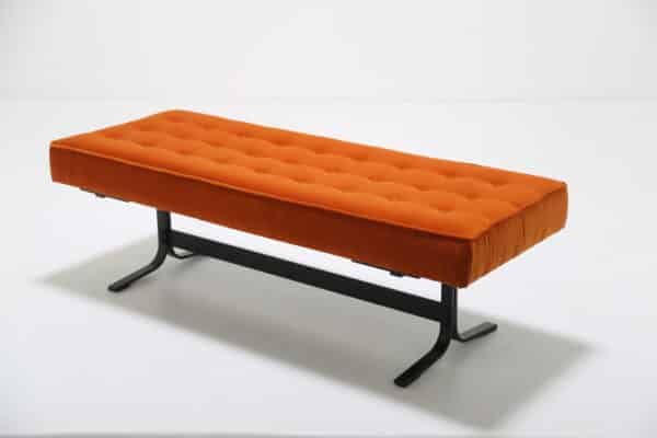 French Mid-Century Orange Button Tufted Velvet Ottoman, 1970s.