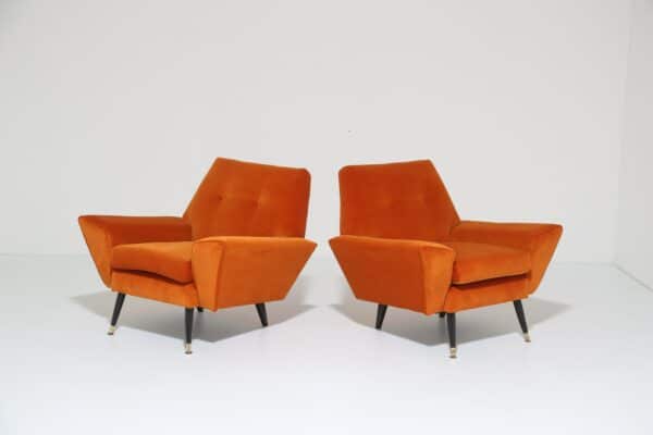 Vintage Pair of Orange Velvet Lounge Armchairs, Ebonised legs with brass feet, 1960s.