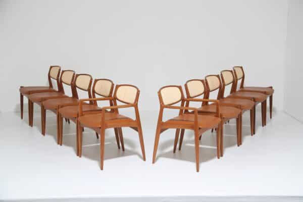 Vintage Set of 10 Model 4325 Teak, Rattan and Tan Leather Dining Chairs by Ib Kofod Larsen for Christian Linneberg, Denmark, 1960s